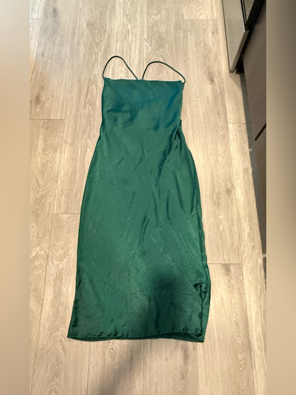 Satin Emerald Green Midi Slip Dress with Spaghetti Straps